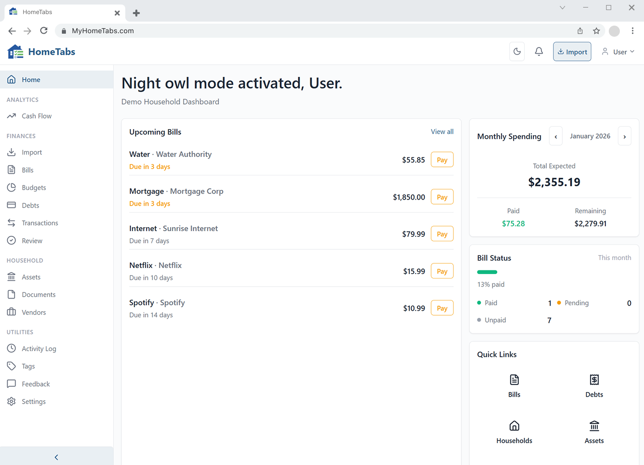 HomeTabs dashboard showing upcoming bills, monthly spending, and bill status